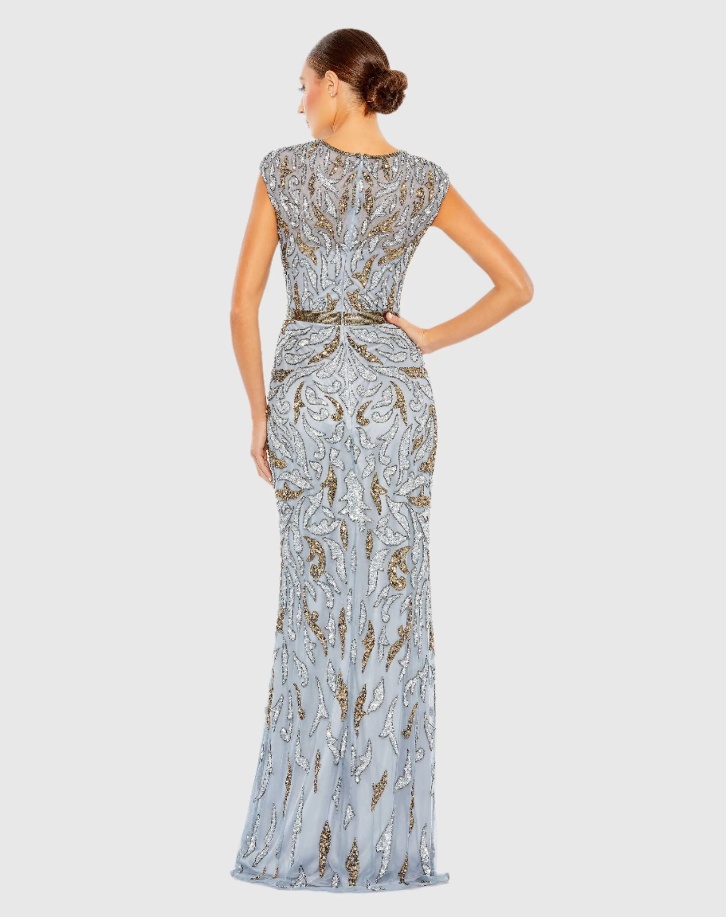 Blue and Gold Embellished Illusion Cap Sleeve Column Gown