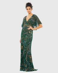 Green Embellished V Neck Cape Sleeve Column Gown