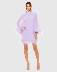 Purple High Neck Cape Sleeve Mini Dress with Feather Trim