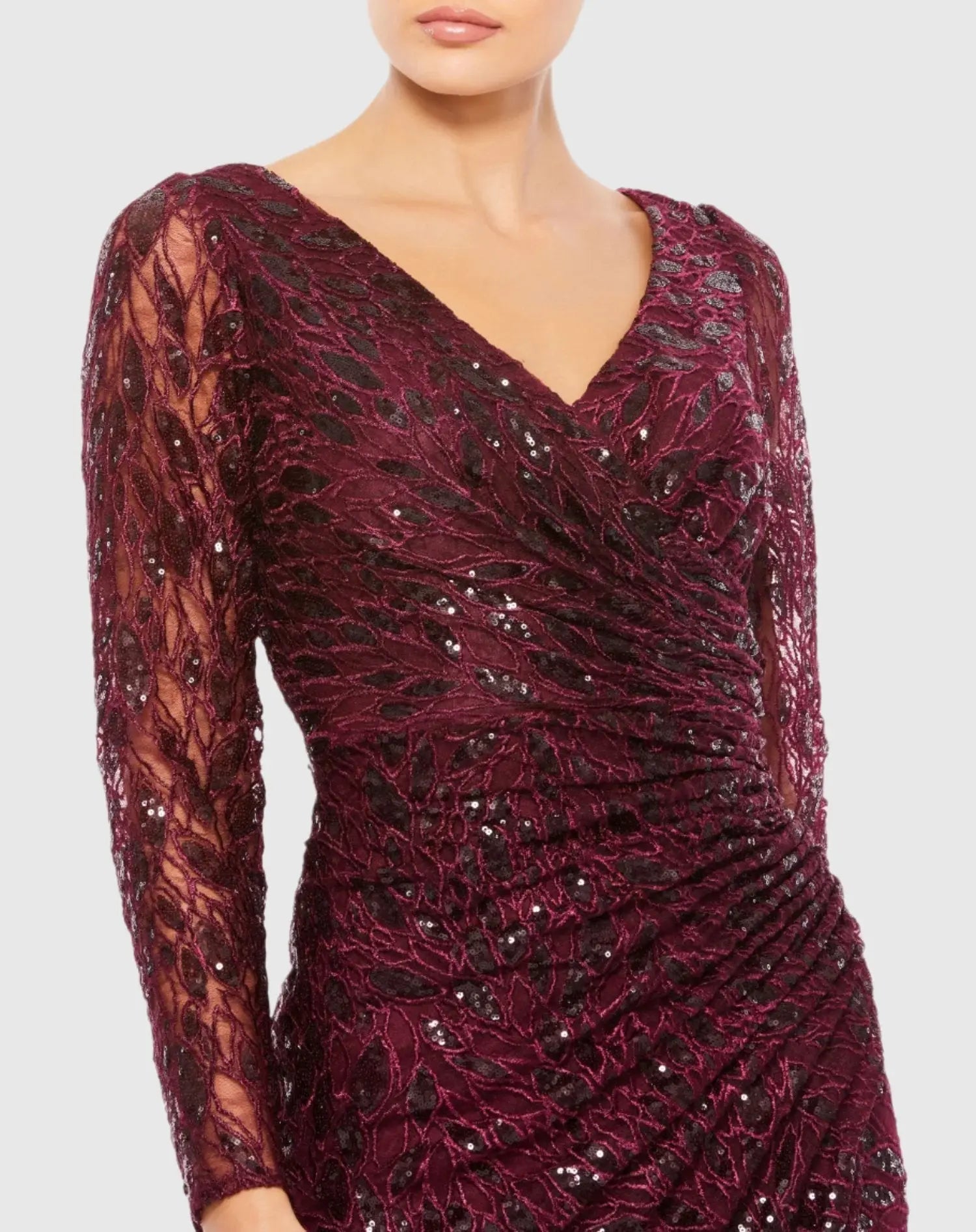 Red Long Sleeve Ruched Sequined V-Neck Gown