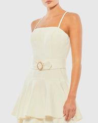 White Belted Tiered Ruffle Sleeveless Midi Dress