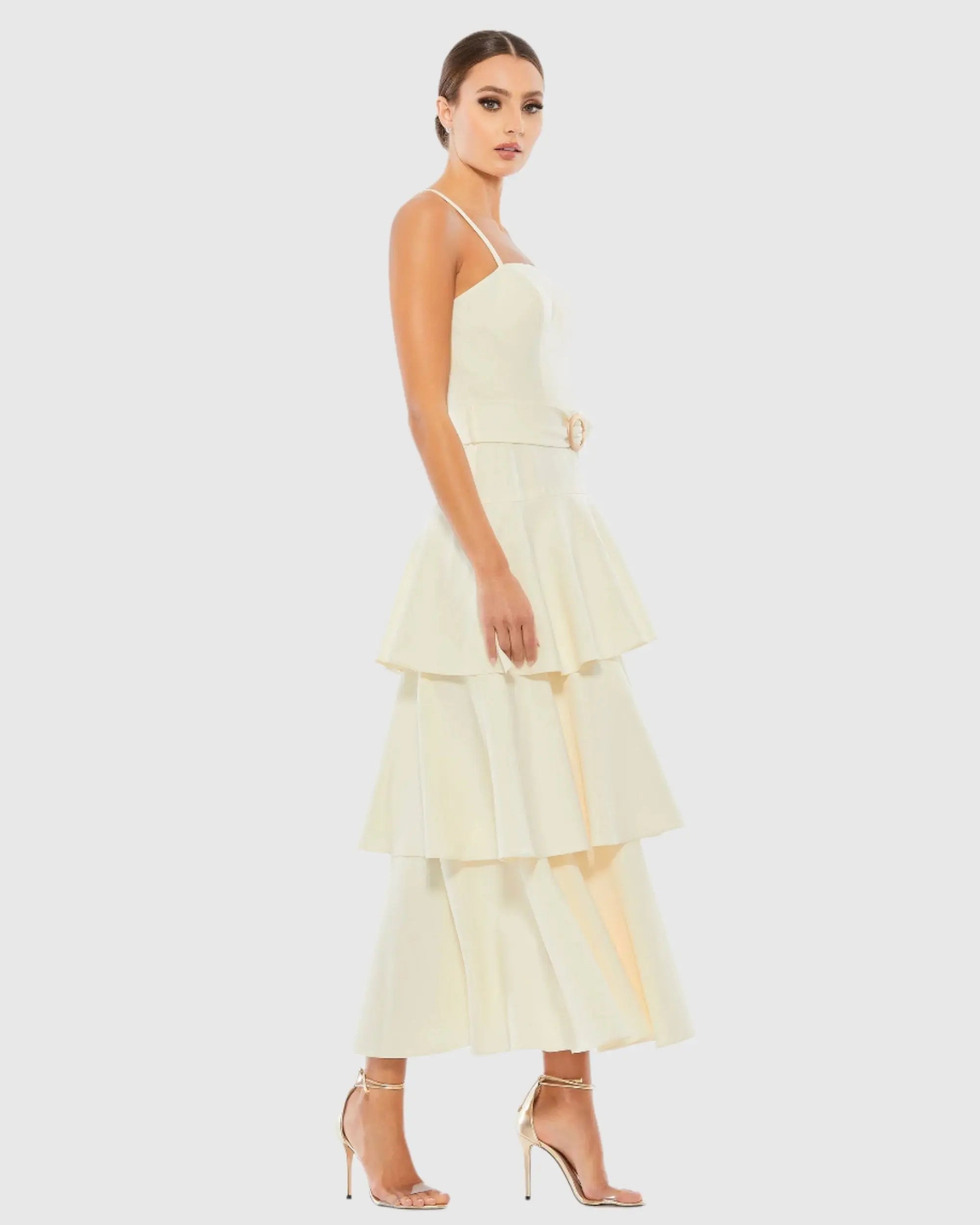 White Belted Tiered Ruffle Sleeveless Midi Dress